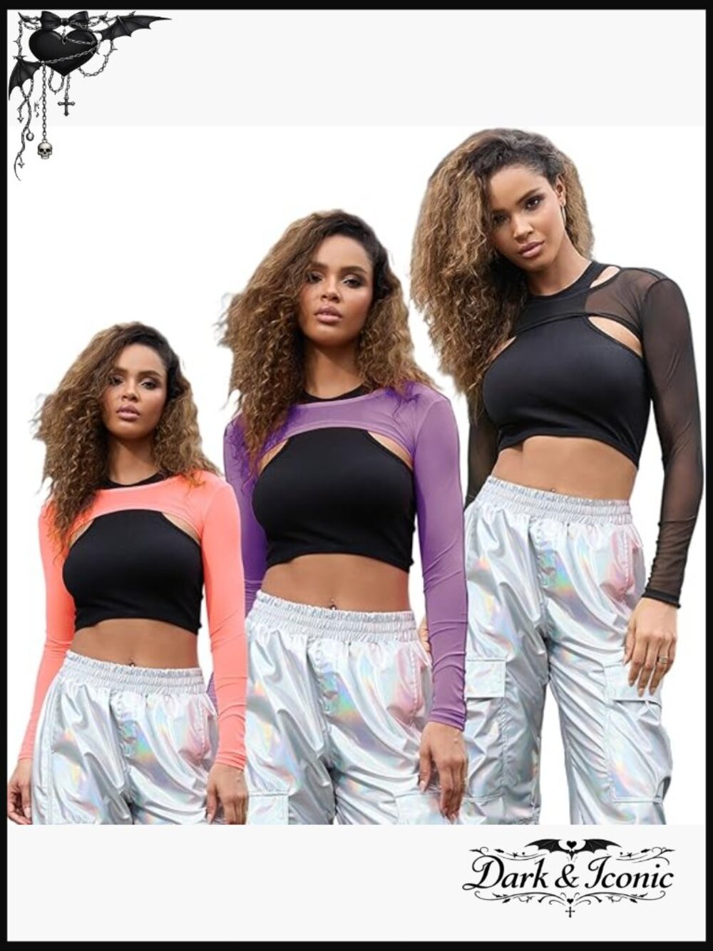 3 Pack Long Sleeve Sheer Mesh Crop Tops See Through Rave Clubwear